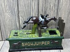 Moving Metal Horse Racing Piggy Bank - Show Jumper - Vintage Mechanical Bank picture