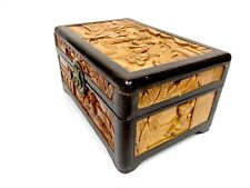 Antique Hand-Carved Wooden High Relief Box with Lid &Latch | Beautiful 9” picture
