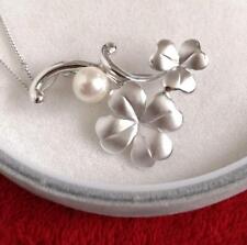 vintage silver necklace and brooch with genuine akoya pearl clover 632 #c69151 picture