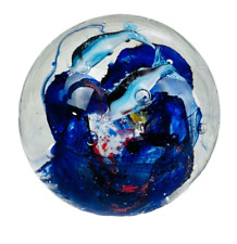 vtg round globe art glass aquariam w 2 fish Paper weight 2.5