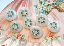 Small White Moonglow Glass Buttons Lovely Set of 7 w/Circle of Aqua Rhinestones picture