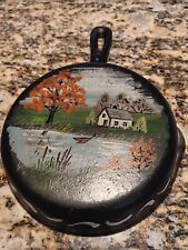 VINTAGE #8 CAST IRON 6 1/2 INCH SKILLET W/ SIGNED PAINTED SCENE ON BACK NOT USED picture