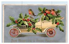 c1900s Postcard-  BEST WISHES FOR A HAPPY CHRISTMAS FLOWER FLORAL CAR EMBOSSED B picture