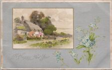 Holiday~New Year~Blue Flowers~Cottage Scene~PM 1907~Vintage Postcard picture