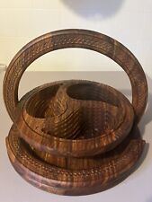 Vintage Collapsible Wooden Folding Basket Bowl Wood 3 Sections Hand Carved Wood picture