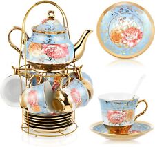 20 Pcs Porcelain Tea Set with Metal Holder Adult Ceramic Tea Party Set  picture