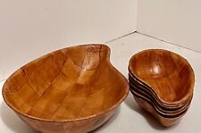 Vintage Wooden Salad Serving Bowl Set Woven Pressed Weave 1 Large & 6 Small picture