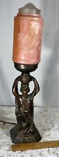 ANTIQUE PINK SPELTER  BRASS LAMP ART DECO LADY ORNATE ETCHED GLASS LIGHT VTG picture