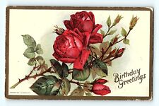 Birthday Greetings Thorns Natural Red Roses Buds 1910 Conwell Vintag Postcard E5 picture