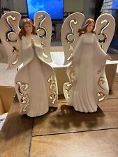 Pair If Angel Figurine Candle Holder  Ceramic Cream & Gold 10” Tall  Table Decor picture