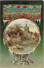 Vtg HOLD-TO-LIGHT Christmas Multi-color HTL Greetings Village Moon PC UDB 1906 picture