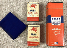 VINTAGE MOBIL LUSTRE CLOTH TINS & DELCO ELECTROLYTE BOX-GM 1955-2 TINS-1 CLOTH picture
