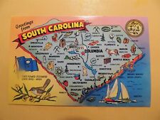 Greetings from South Carolina vintage map postcard state flag bird seal flower picture