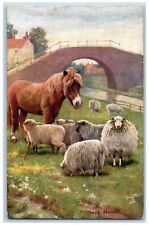 Oilette Tuck Postcard Sydney Hayes Sheep Horse River Bridge Contented c1910's picture