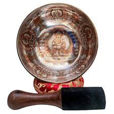 Carved Buddha Silver Singing Bowl Set Etched Seven Bronze Tibetan Healing Nepal picture