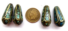 RARE ( 4 )  PCS  Teardrop MOSAIC TURQUOISE STONE WITH SILVER African TRADE BEADS picture