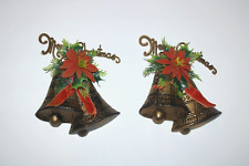 2 VTG Blow Mold Merry Christmas Bells Hanging Decoration Flocked Poinsettia Gold picture