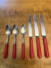 Set of 3 Vintage 1950’s N. S. Co Red Bakelite Spoons  & Dinner Knives Stainless picture