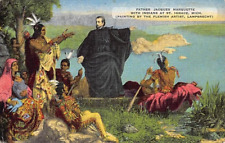 Postcard MI: Father Marquette with Native Americans, St. Ignace, Michigan, Linen picture