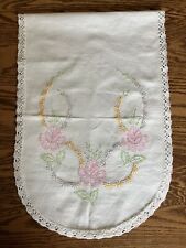 Vintage Linen Floral Hand Embroidered Table Runner Dresser Scarf Flowers 36x12 picture