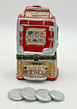 Small Porcelain Hinged Slot Machine + 4 Tokens Trinket Box 3.25