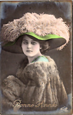 RPPC Tinted Pretty Lady Feather Hat Fur Muff Early 1900's Studio Glamour (N19) picture