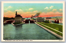 Vintage Postcard MI Soo Locks from East Approach Ship ~8658 picture