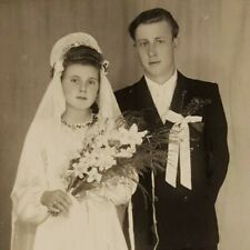 Antique B&W Photo Postcard Wedding Portrait of Pretty Bride and Handsome Groom  picture