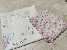 Lot Of 2 Vintage Tablecloths Feedsack Cotton And Embroidered Kittens 36x40  picture