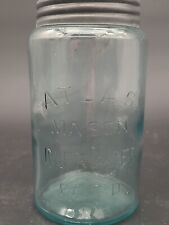 Antique Atlas Improved Mason Aqua Quart Fruit Jar Wonky base Streaks picture