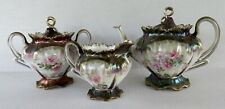 Antique Prussian Teapot Tea Set Sugar Creamer Metallic Luster Gold Hand Painted picture