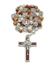 Saint St Benedict Rosary Pearl Glass Beads Catholic Necklace Blessed By Pope picture