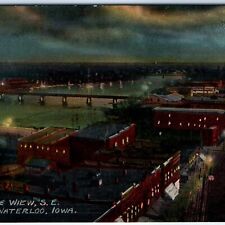 c1910s Waterloo IA SE Birds Eye View Night Commercial St Photo Lith Postcard A63 picture