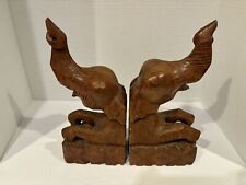 Vintage Pair of Handcarved Wooden Elephant Bookends. Trunks Up For Luck, No Tusk picture