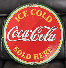 ORIGINAL EARLY 1930's ICE COLD COCA COLA SOLD HERE ROUND 4 COLOR TIN SIGN picture