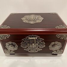 Asian rosewood jewelry box vintage raised gold tone medallion corners red velvet picture