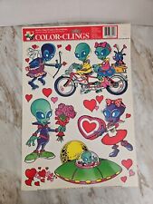 Vtg Valentine's Day Decorations Window Color Clings Sheet Aliens Love Cupid FUN picture