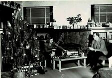 MCM Retro Living Room Tinsel Christmas Tree Vtg Black & White Photo Man Woman picture