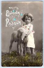 1914 RPPC HAPPY EASTER BUONA PASQUA CHILD WITH LAMD HANDCOLORED PHOTO POSTCARD picture