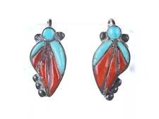 c1940's Native American Sterling turquoise/coral channel inlay screw back earrin picture