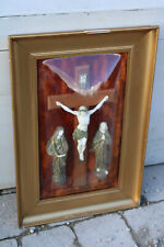Antique XL Religious wall plaque convex glass calvary crucifix rare picture