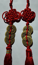 Lot 2 Vintage Feng Shui 3 Coins Endless Knot Red Tassel Hanging Amulet Three picture