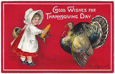 Clapsaddle Thanksgiving Bonnet Girl Turkey Corn A/S Emb Antique PC Vtg 1909 picture