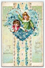 1911 Valentine Children Heart Pansies Flowers Tuck's Muscatine Iowa IA Postcard picture