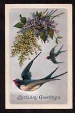 c.1910 blue birds lilac flowers silver birthday greetings postcard picture