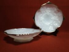 2 Anchor Hocking Milk Glass Footed Dish Bowl Raised Grapes Vines Gold Trim 10” picture