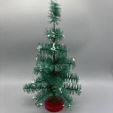 1950's Vintage Green Frosted Bottle Brush Tree on Red Wood Base 10” RARE Style picture