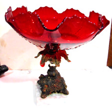 Beautiful Heavy Large Tall Ruby Red Glass compote on A Metal Brass & Marble Base picture