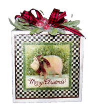 Primitive Country Merry Christmas Pig Block with Winter Greenery and Ribbon picture