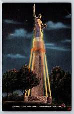 Postcard Birmingham Alabama Vulcan the Iron Man Statue At Night Linen  Unposted picture